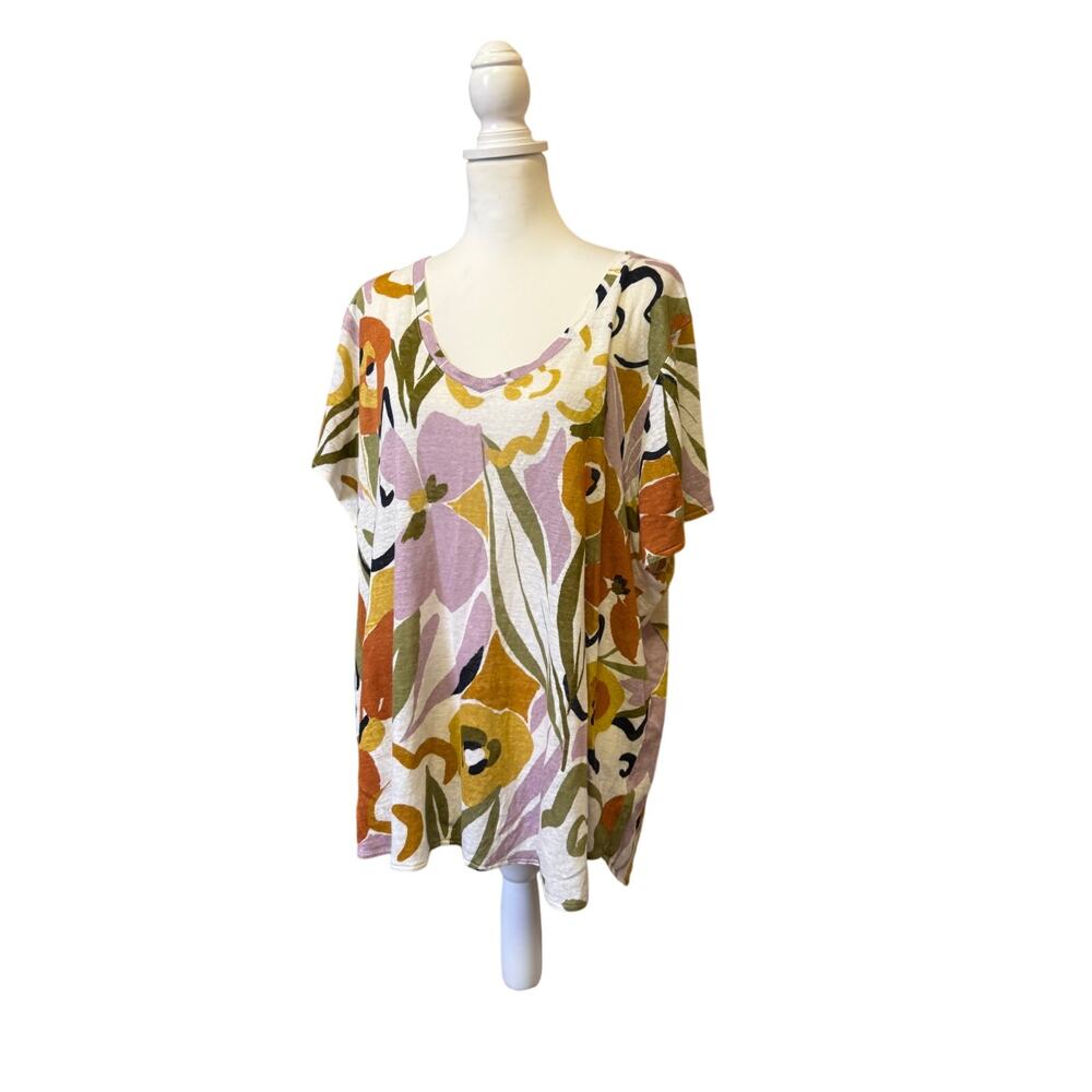 Rachel Zoe 100% LINEN short sleeve v neck floral shirt womens 2X